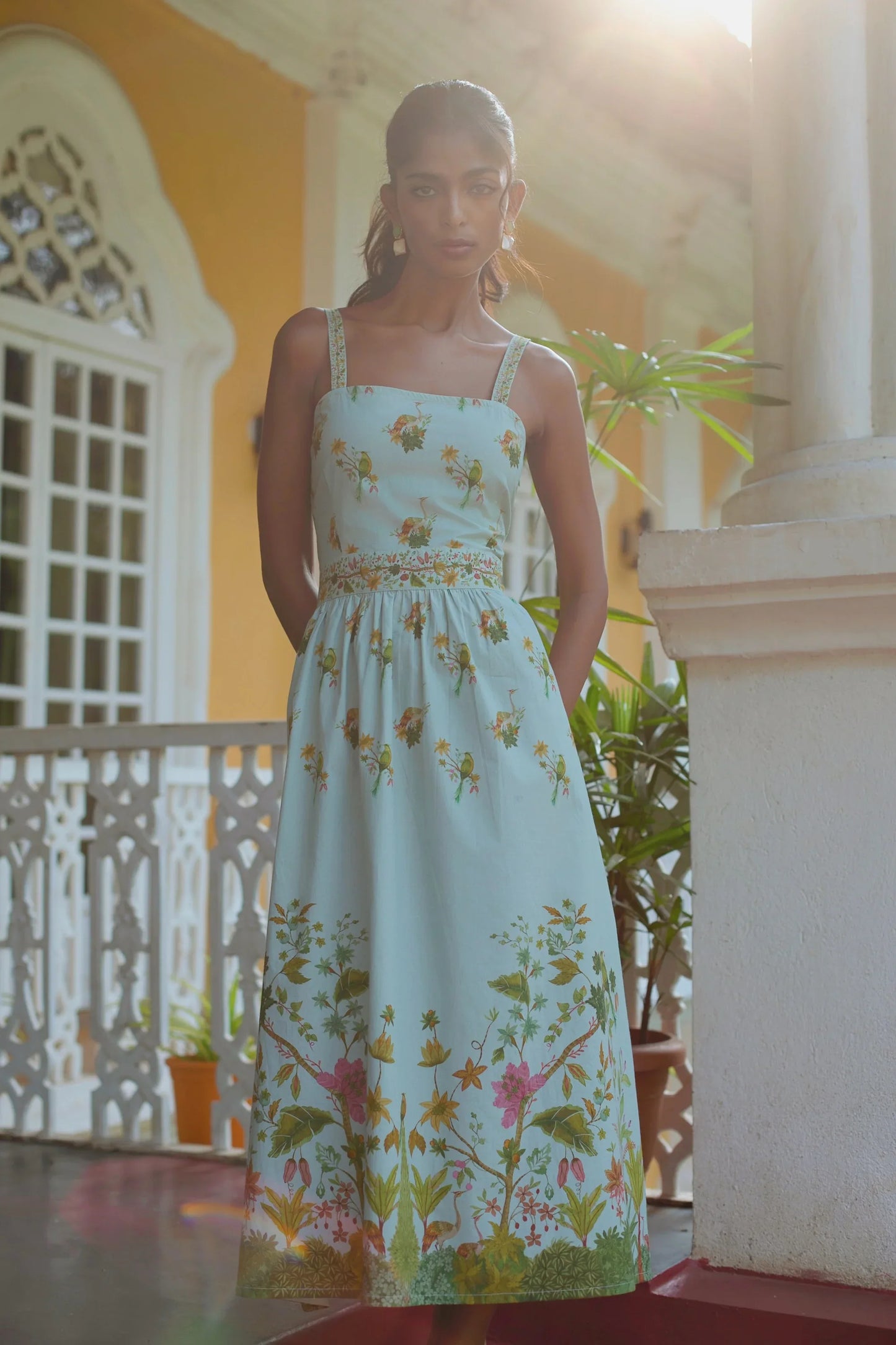 Front view of Blue floral cotton midi sundress showing straight neckline and adjustable straps — Amaya World