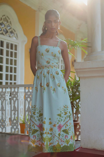 Front view of Blue floral cotton midi sundress showing straight neckline and adjustable straps — Amaya World