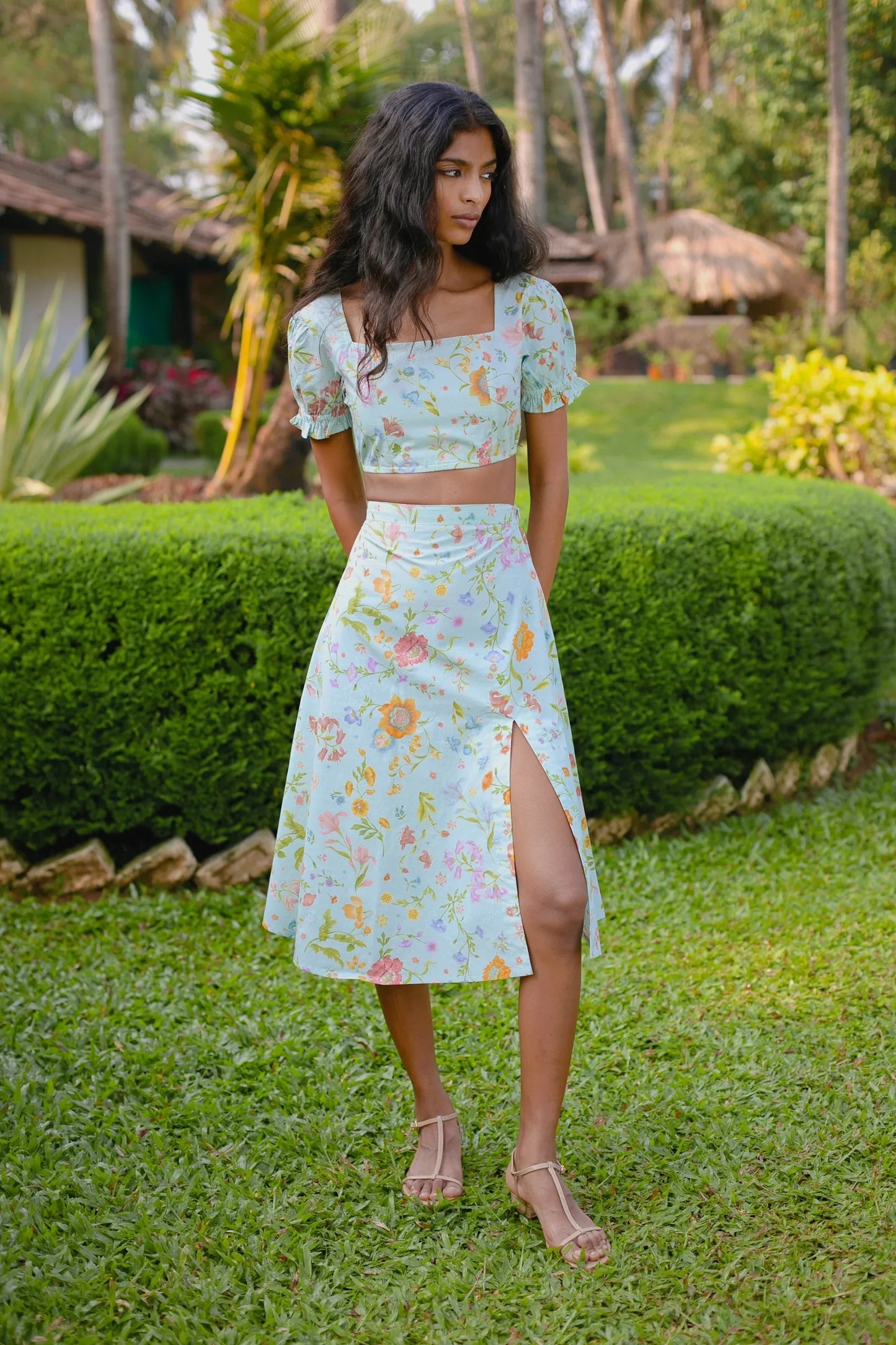 Front view of blue Mughal-inspired floral print high-waist cotton pencil skirt with high slit — Amaya World