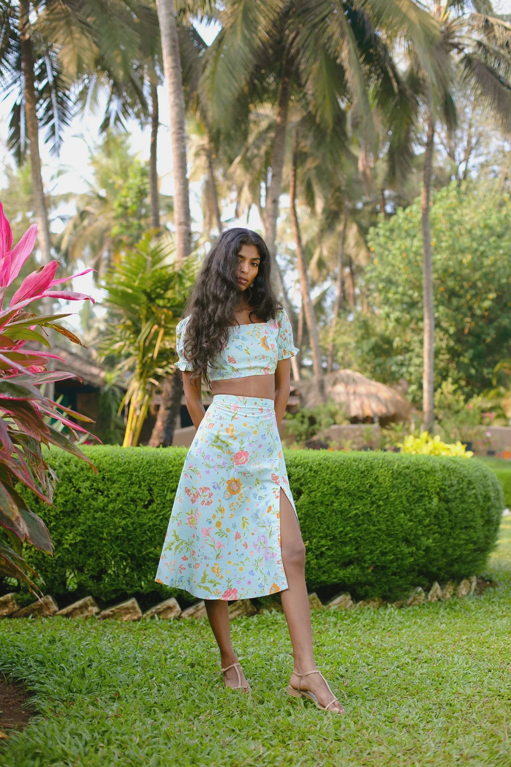 blue high-waist floral cotton pencil skirt showing silhouette and length — Amaya World