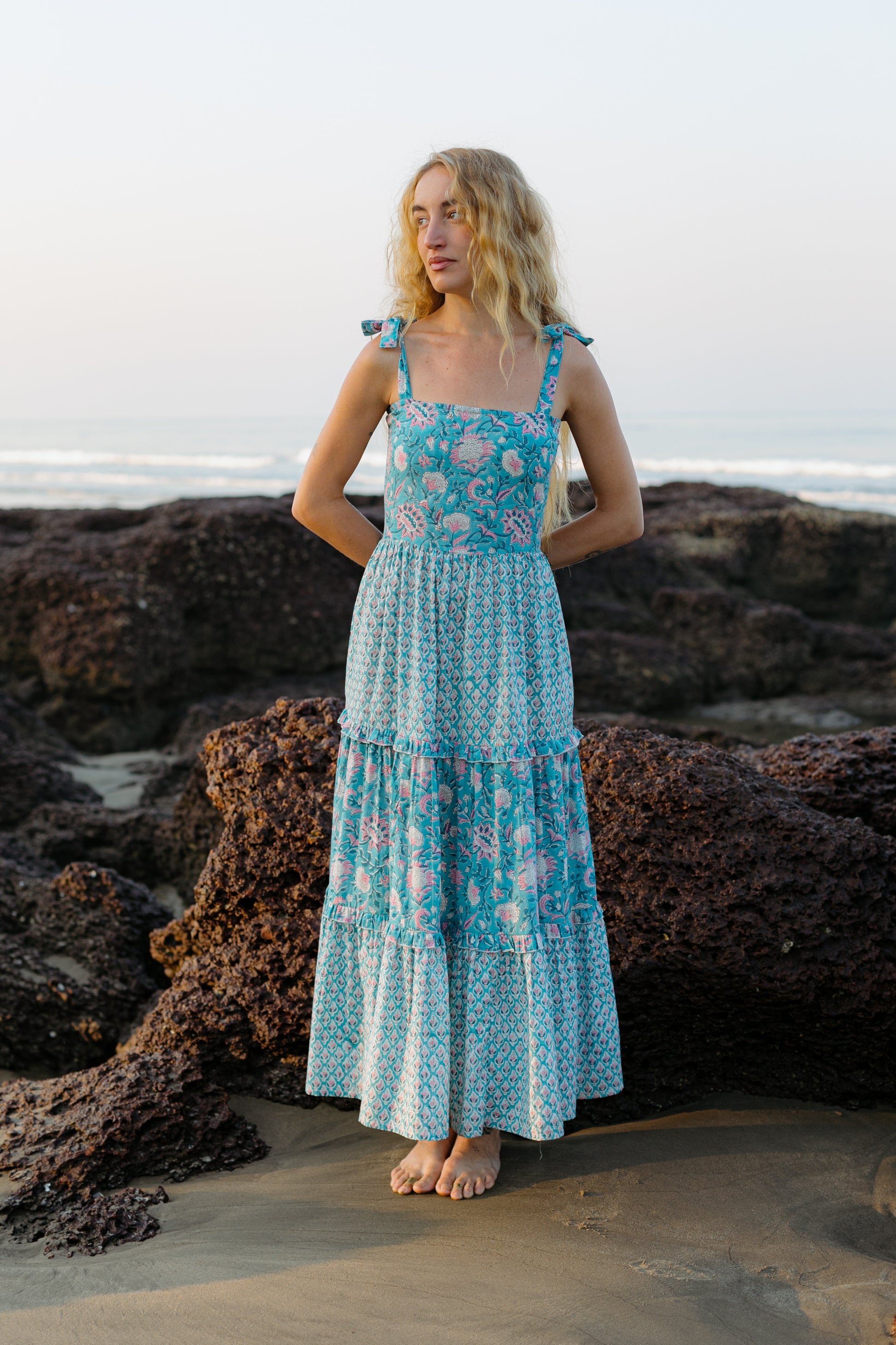 Front picture of blue floral boho gown