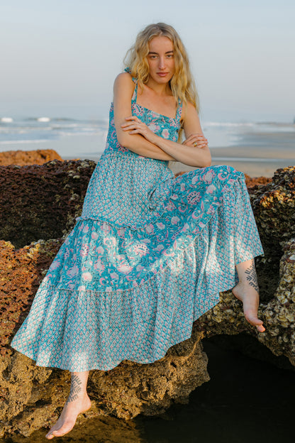 Front picture of blue floral boho gown