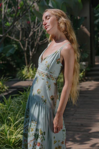 Front picture of blue floral drop waist dress