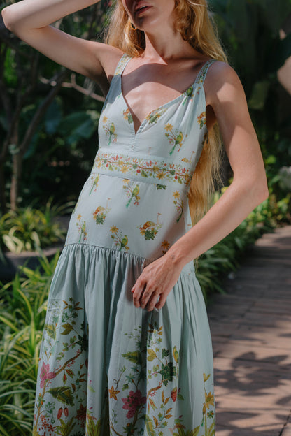 Close-up picture of blue floral drop waist dress