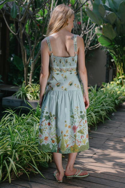 Back picture of blue floral drop waist dress