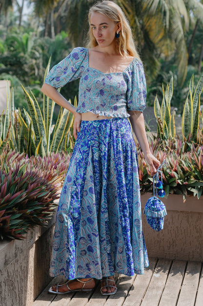front picture of blue godet skirt