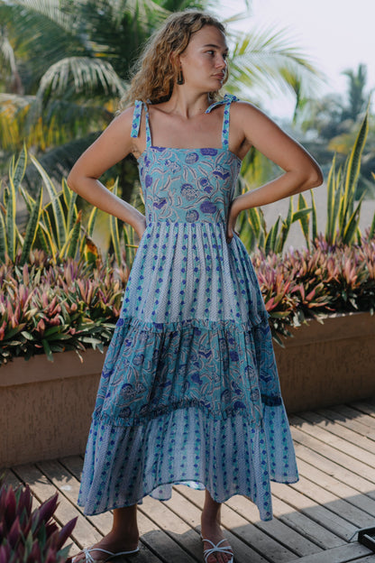 Front picture of blue tier maxi dress