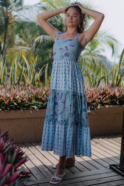 Front picture of blue tier maxi dress