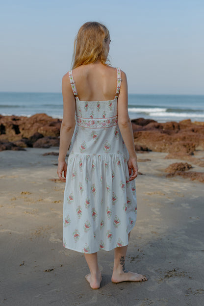 back picture of pink drop waist dress