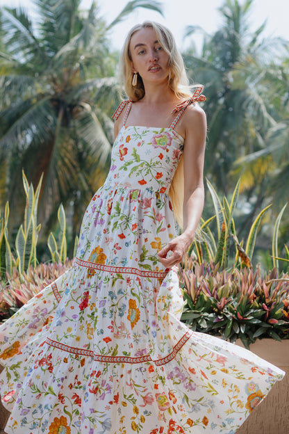 Front photo of white floral maxi dress 