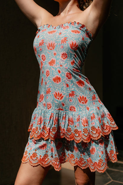 Close up picture of floral strapless dress