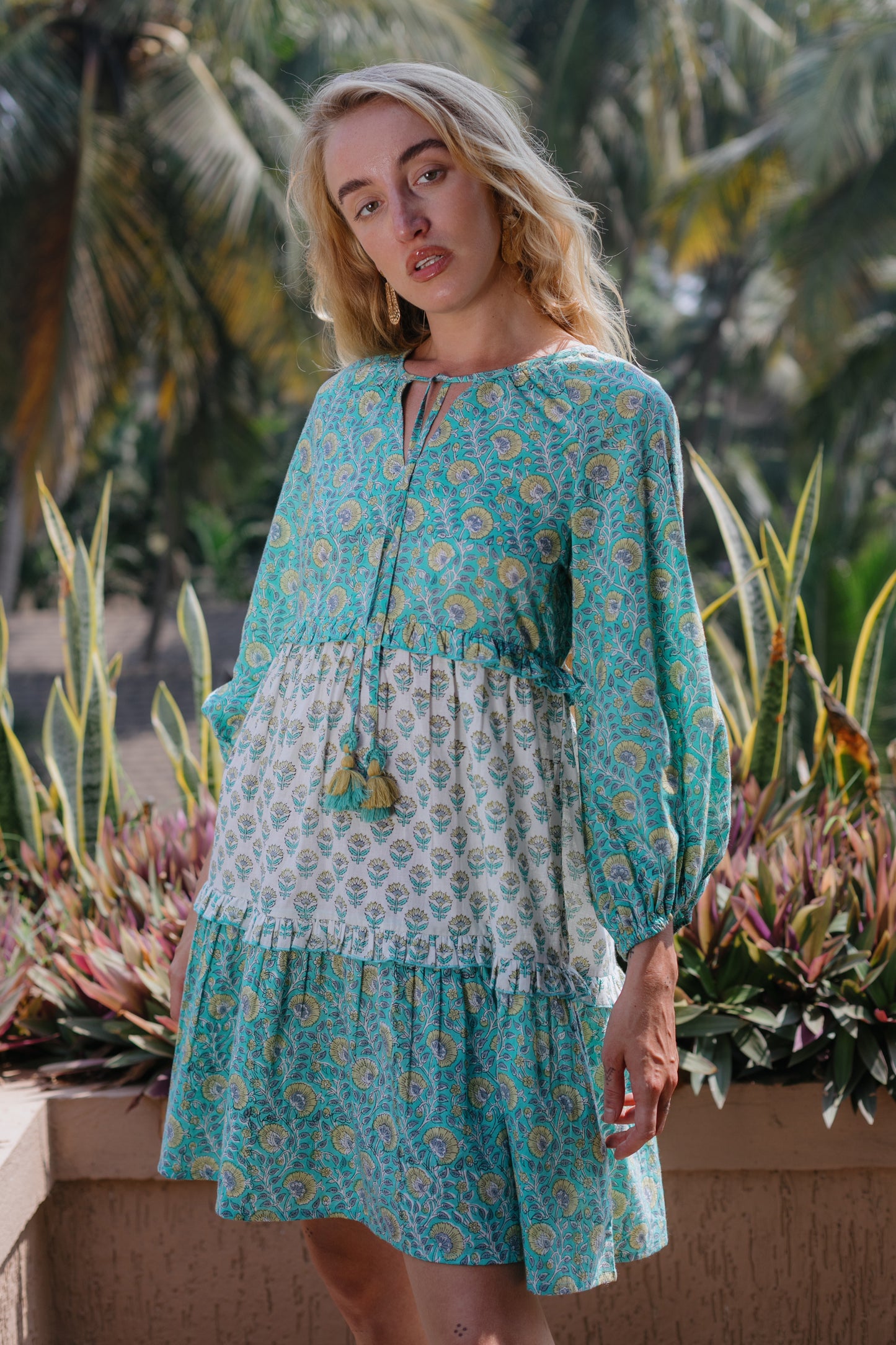 Front close up picture of green a-line boho dress
