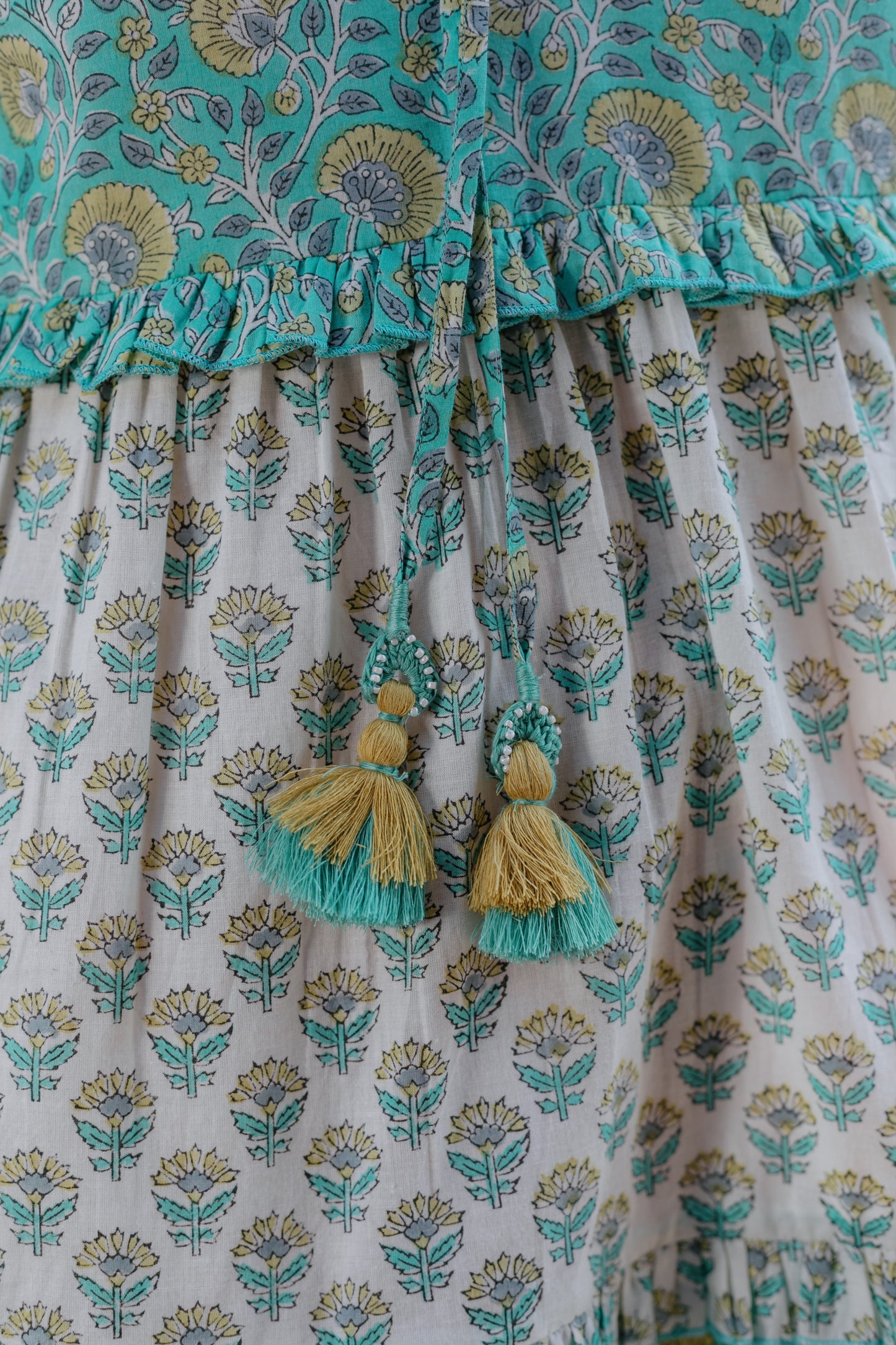 close up picture of green a-line boho dress