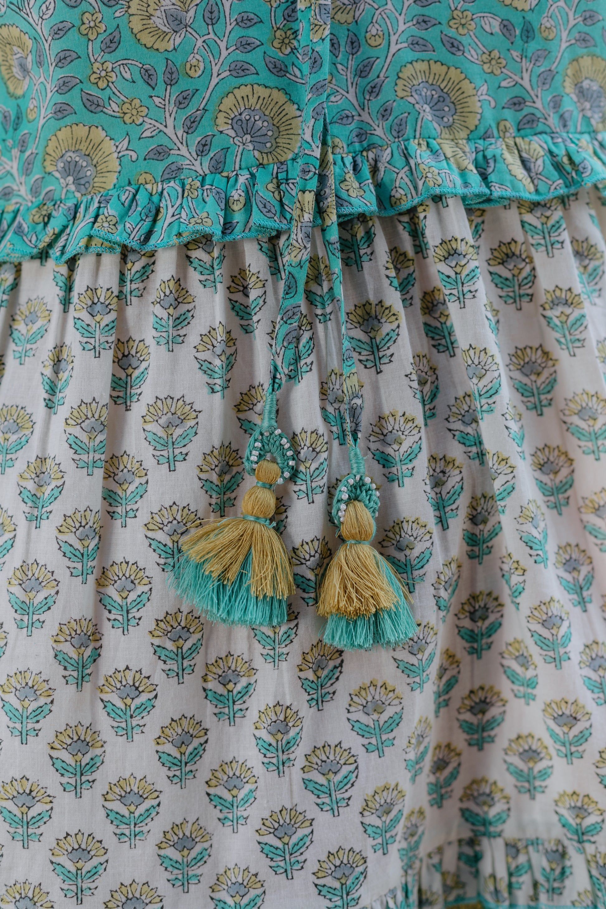 close up picture of green a-line boho dress