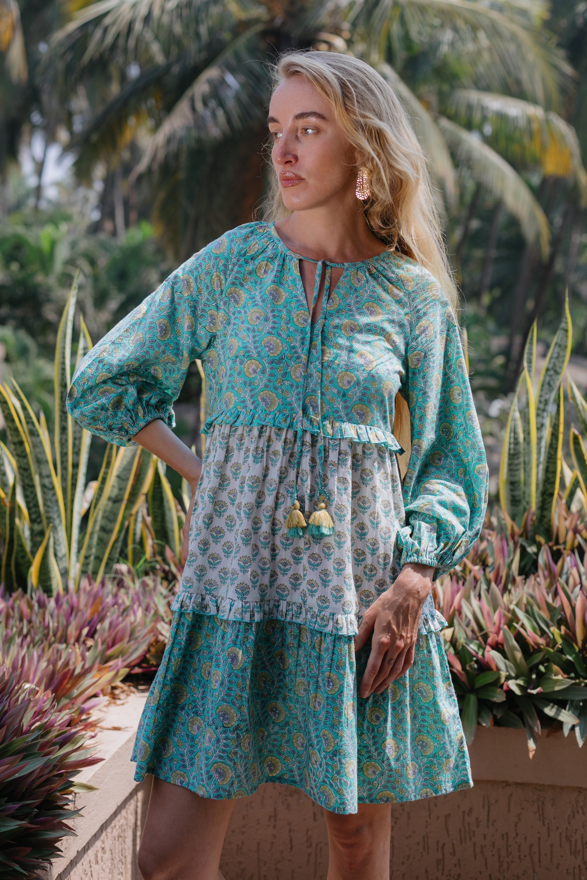 Front close up picture of green a-line boho dress