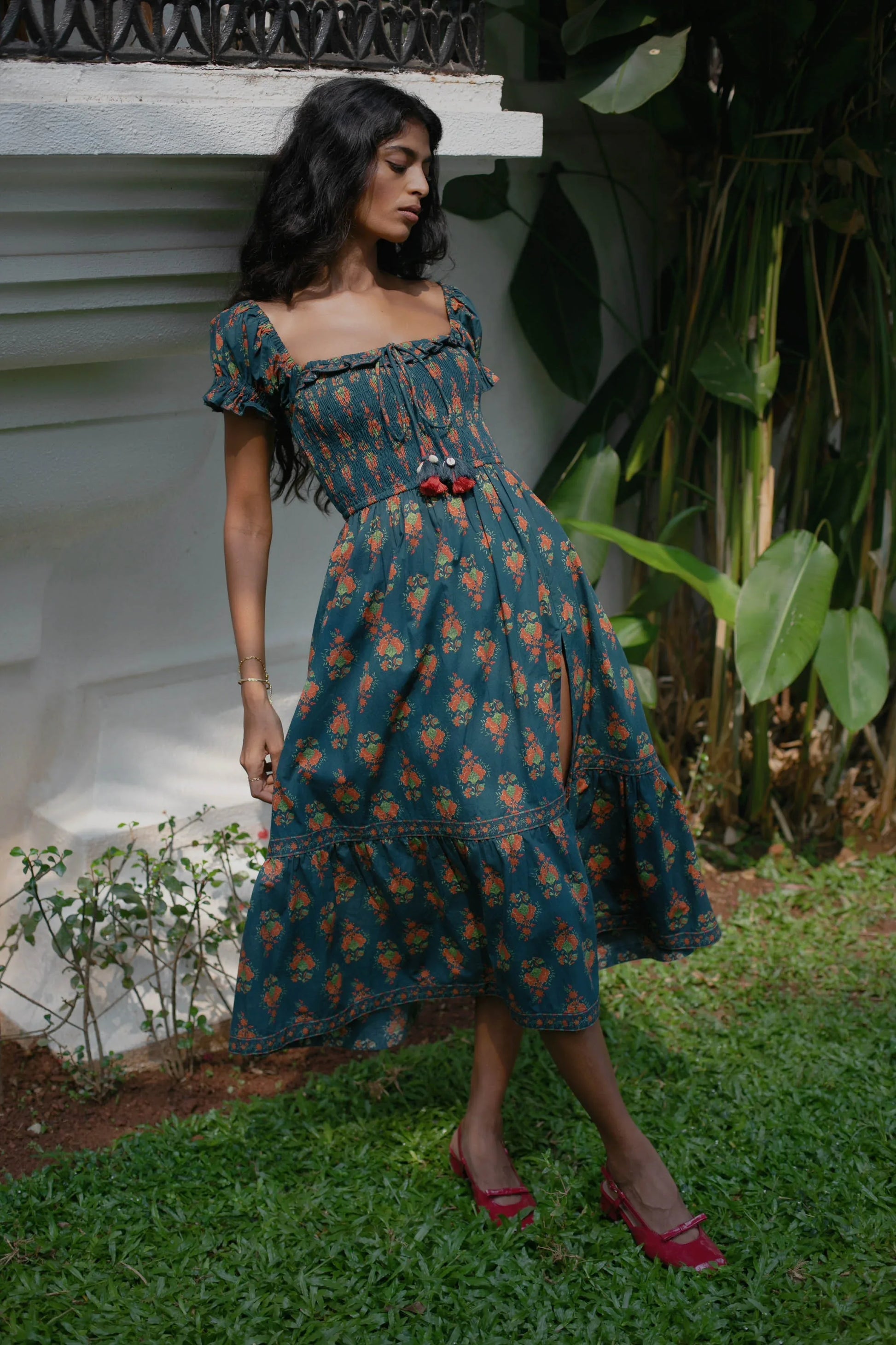 Navy Chintz floral cotton midi dress with puff sleeves styled for a wedding, holiday or occasion — Amaya World slow fashion