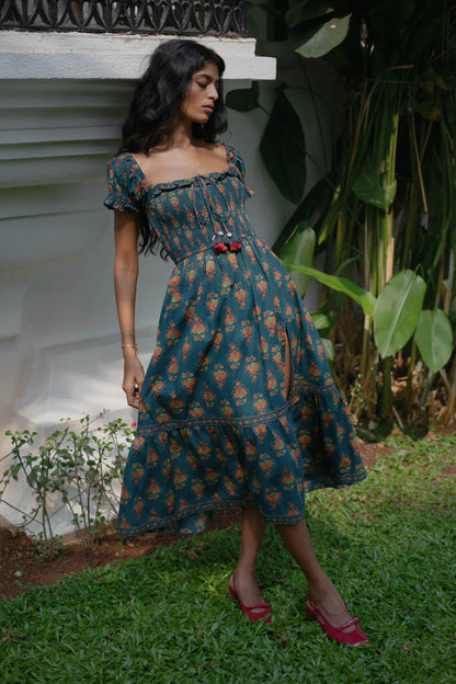 Navy Chintz floral cotton midi dress with puff sleeves styled for a wedding, holiday or occasion — Amaya World slow fashion