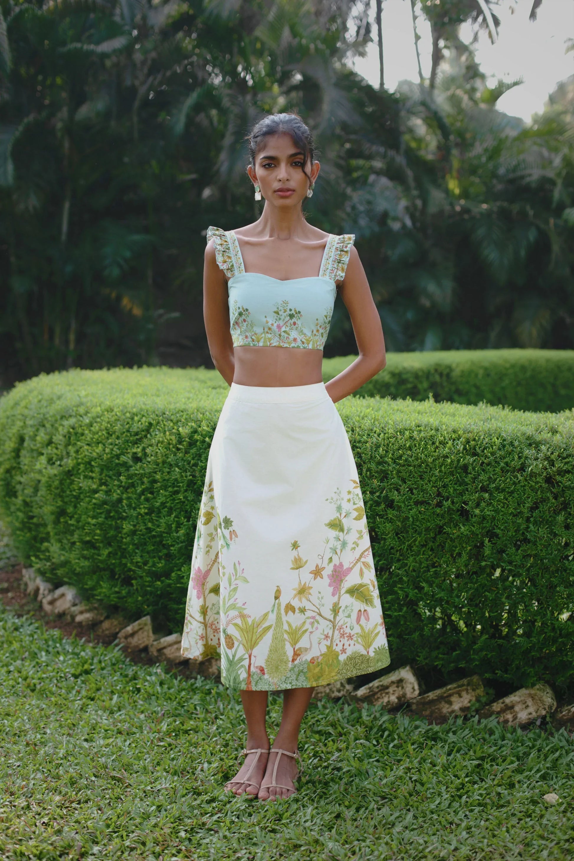 Off-white Chintz floral midi skirt styled with blue floral bralet crop top  — Amaya World slow fashion