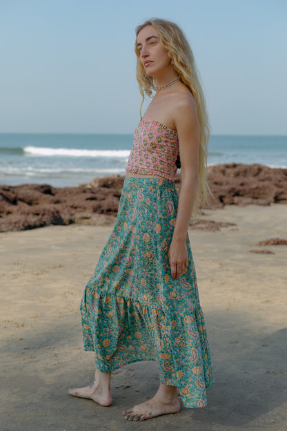 Side picture of pink 2 piece crop top and skirt set