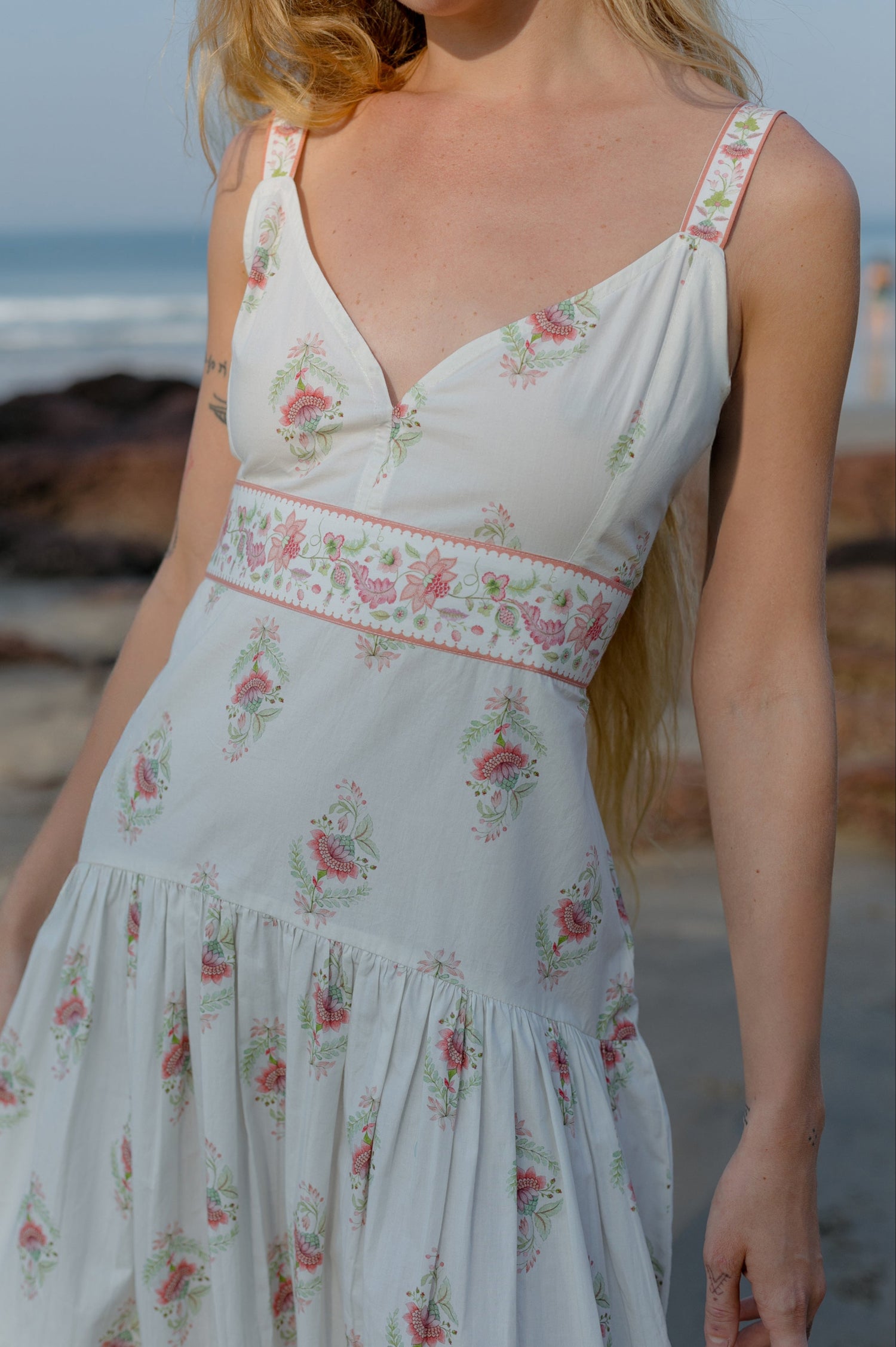 close up picture pink drop waist dress