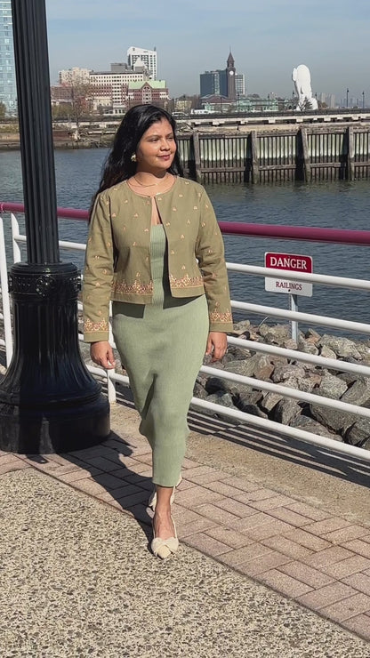 Video of sage green embroidered jacket