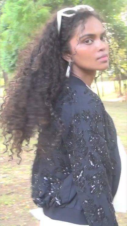 video of Black hand-embroidered bomber jacket