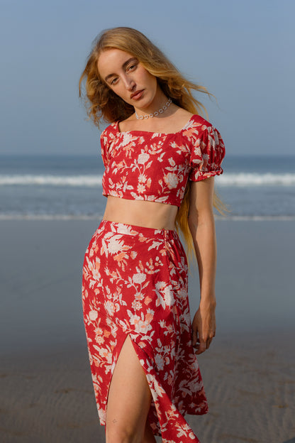 Close-up picture of red 2 piece crop top and skirt set