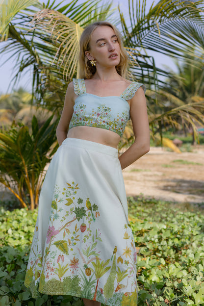 Front picture of strappy crop top and midi skirt