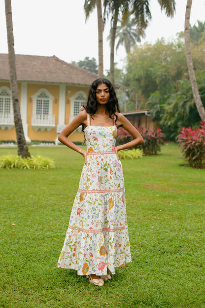 Front view of white floral tiered cotton maxi sundress with tie-up straps and Fit and flare silhouette — Amaya World