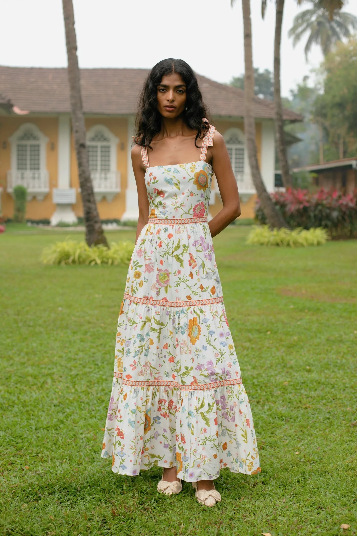 White floral tiered boho cotton maxi sundress with tie-up straps and A-line silhouette — Amaya World