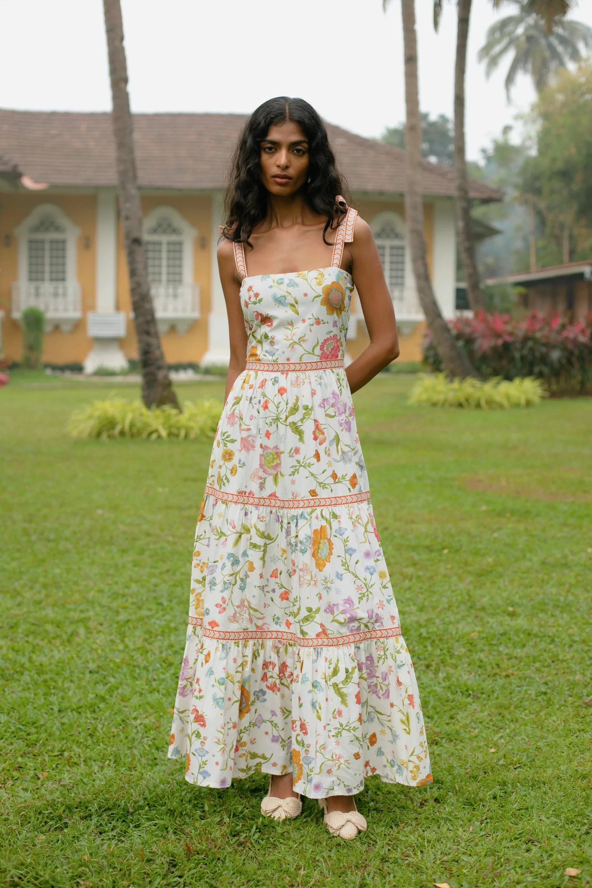 White floral tiered boho cotton maxi sundress with tie-up straps and A-line silhouette — Amaya World