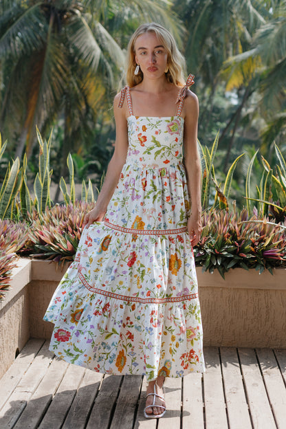 Front photo of white floral maxi dress 