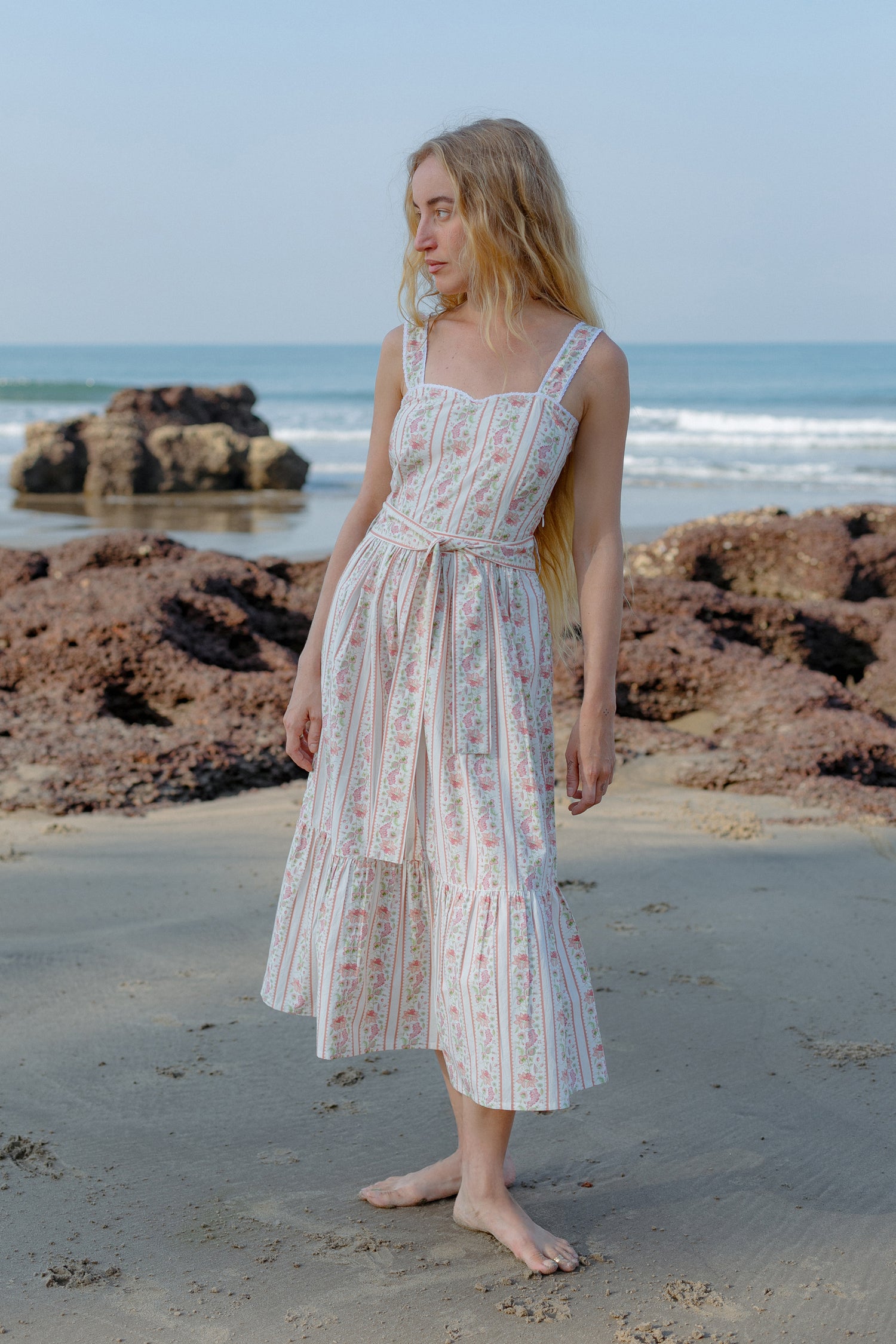 Front picture of white floral sleeveless boho dress