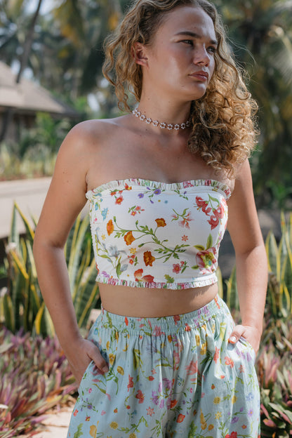 Front picture of white strapless crop top