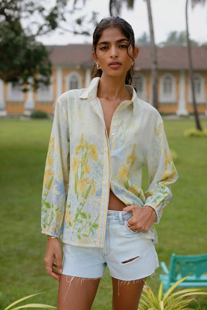 Yellow floral print cotton linen button-down shirt with 3/4 puff sleeves and collar — Amaya World